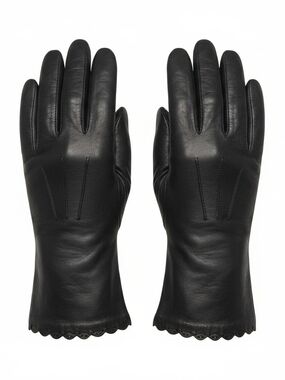 Black Leather Gloves with Scalloped Edge